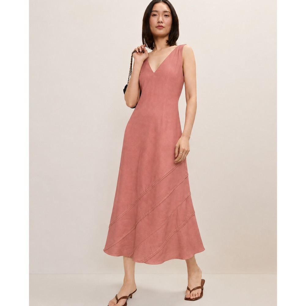 VTG Casual Corner Linen Blend Coral Pink Maxi Dress Size 10 Cottagecore 90s Y2K